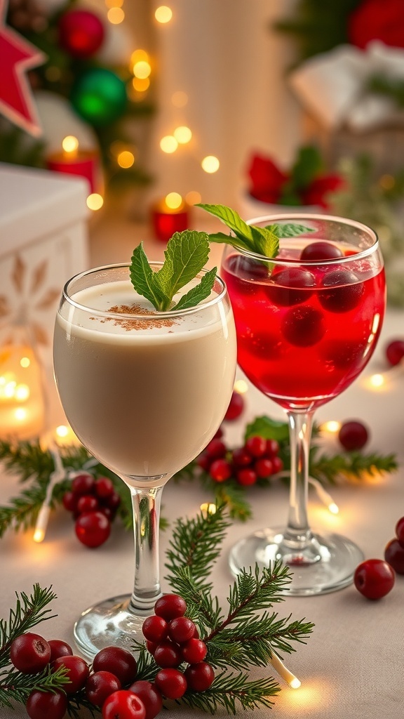 A festive table with Christmas cocktails, including eggnog and cranberry drinks, decorated with holiday lights.